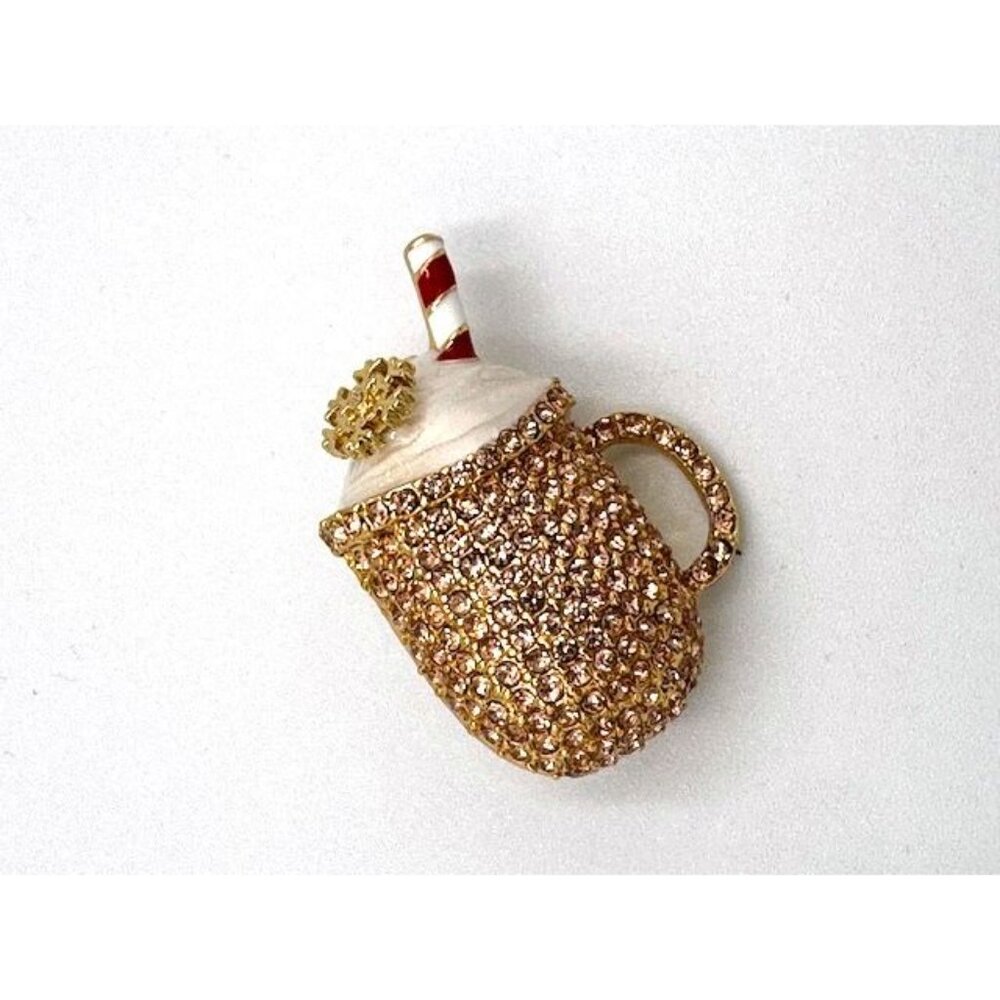 NWT Talbots Gold-Tone Pave Crystal Mug Brooch Pin With Straw & Whipped Cream - Picture 4 of 5